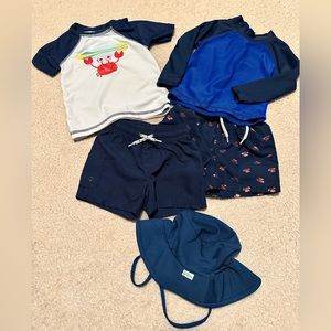 2 Sets swim trunks Carters and float mini. Size 9 months. Blue green sprouts hat